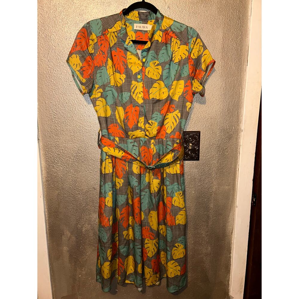 Palava Business Office Whimsical Monstera Leaf 100% Tencel Belted Shirt Dress
